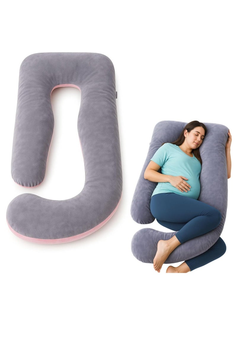 زابروس وسادة حمل ZAPRUS على شكل حرف J للنوم - وسادة حمل كاملة الجسم مع غطاء قابل للإزالة والغسل - رمادي/وردي مزدوج الجوانب - حشوة قطنية ناعمة - دعم للظهر والبطن والوركين والساقين - للنساء الحوامل ومن ينمن على جانبهن - Image 1